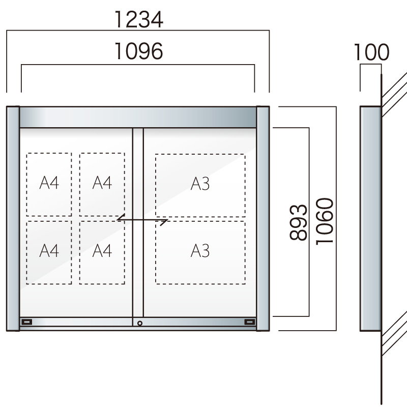 ネット販促 【照明なし】AGP-1210W アルミ掲示板 掲示板 壁付け 大型看板 ガラス掲示板 看板