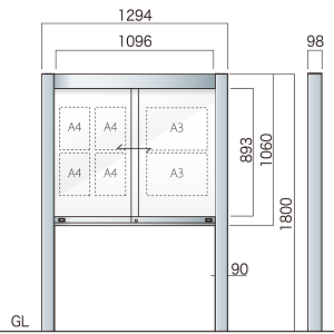 自立アルミ掲示板 AGP-1210(幅1294mm) 照明なし シルバーつや消し AGP