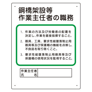 作業主任者職務板 鋼橋架設等 (356-32A) - 安全用品・工事看板通販の