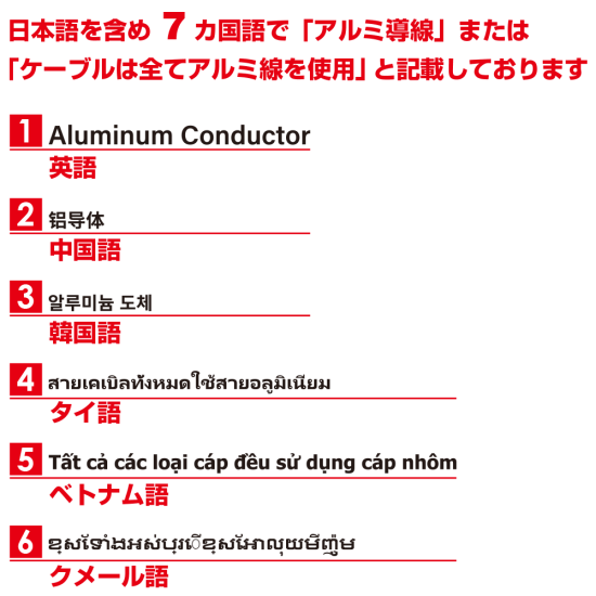 ■日本語を含め7カ国語で「アルミ導線」または「ケーブルは全てアルミ線を使用」と記載しております